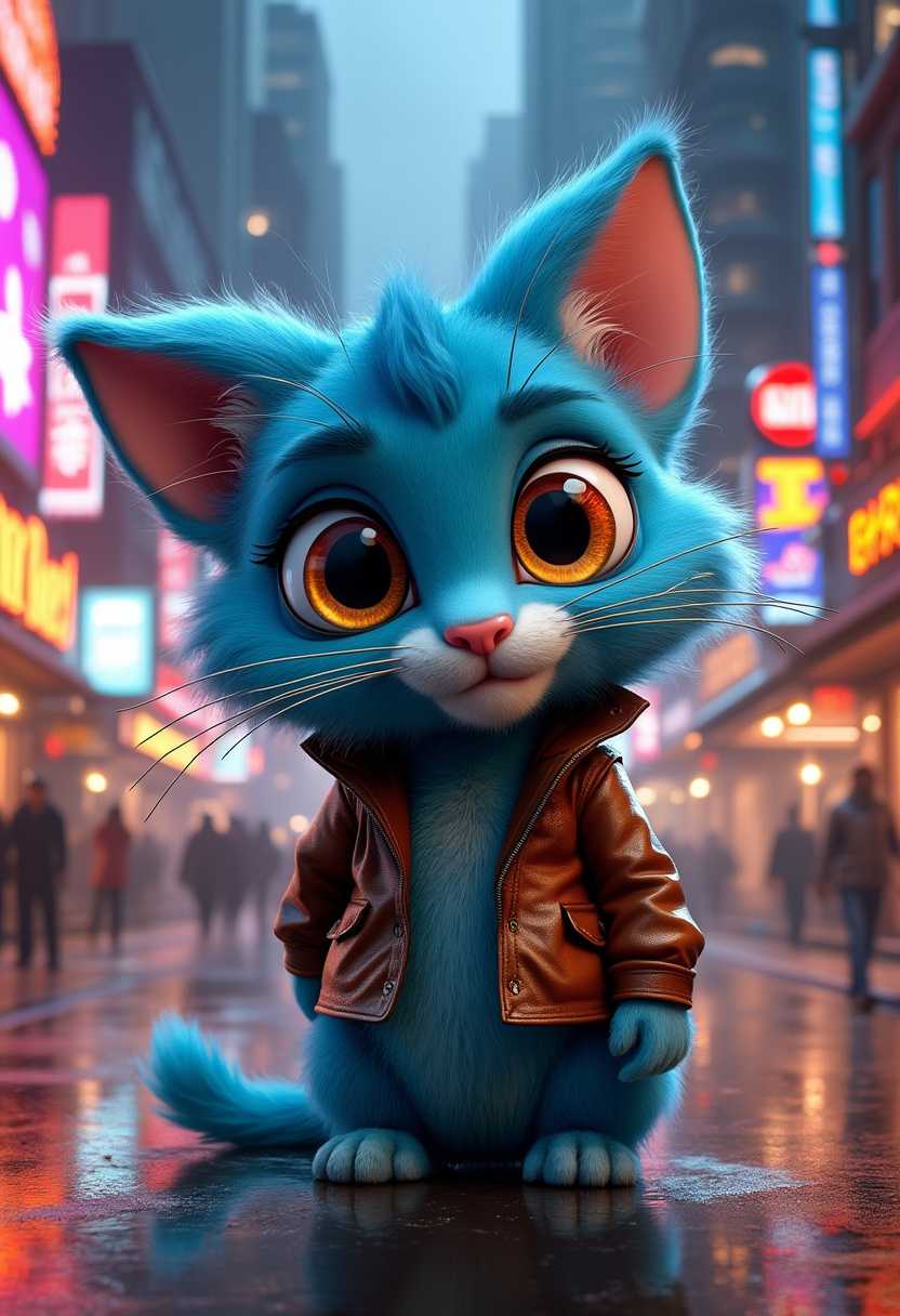A lively and adorable 4D urban setting featuring an anthropomorphic blue feline character, affectionately known as Snarblat. With large, round, and expressive eyes, fluffy blue fur, and a stylish brown leather jacket, Snarblat exudes charisma and confidence. The vibrant background is a dazzling spectacle of neon signs, the bustling city reflecting myriad colors on the wet ground. The atmosphere is electrifying, with a sense of energy and excitement perfectly encapsulating the spirit of urban life.