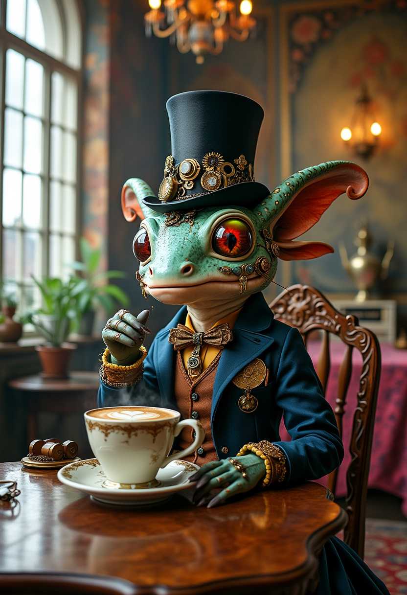 A captivating photograph of an anthropomorphic steampunk princess, adorned with gears, gadgets, and intricate detailing. She is an axolotl-like creature with a top hat and a monocle, sipping on a steaming cup of coffee. The background is a Victorian-inspired room, with vintage furniture, ornate chandeliers, and a large window overlooking a cityscape. The overall ambiance is a mix of whimsy, nostalgia, and sophistication., photo