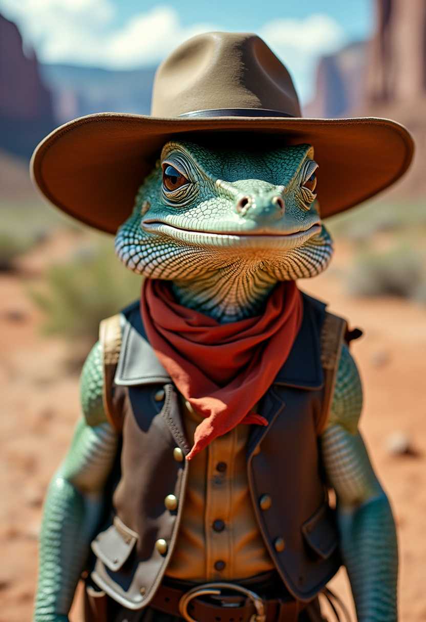 A striking high-budget photograph of a lifelike, anthropomorphic lizard dressed in classic cowboy attire, complete with a wide-brimmed hat, bandana, and leather vest. The lizard's reptilian features are intricately detailed, and its piercing eyes convey a sense of wisdom and adventure. The expansive background reveals a rugged, mountainous landscape with patches of desert, creating a serene yet desolate atmosphere., photo