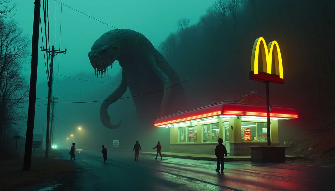 A cinematic medium shot of an abandoned town in the Appalachian Mountains with a McDonald's drive-through. A gigantic pseudopod creature is destroying a building. There are children in the street. The scene is foggy at night. The lighting is neon. The image has a low contrast and is shot in the style of Gregory Crewdson.