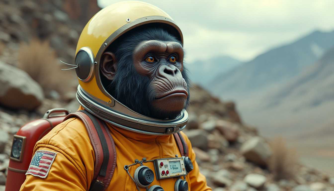 A photo of an anthropomorphic gorilla wearing a vintage astronaut suit. The gorilla has a serious expression and is standing on a rocky terrain. The background reveals a vast landscape with mountains and a clear sky.