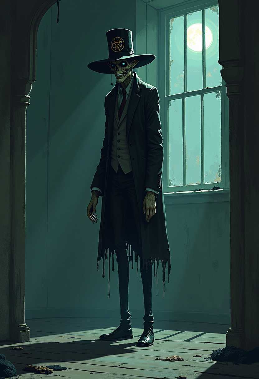 A hauntingly beautiful illustration of a Lovecraftian human character, standing tall with an eerie smile, piercing eyes, and long limbs. The character's outfit consists of a tattered suit and a hat adorned with a strange insignia. The simple background is a dark, empty room, with a single window casting a dim, moonlit glow. Shadows dance along the walls, creating an unsettling atmosphere.