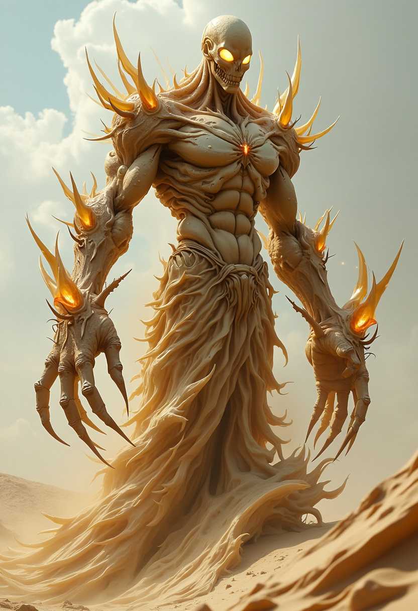 A towering humanoid figure made of constantly swirling sand, with sharp, elongated limbs. The figure has no face, just a single glowing hollow eye. Patches of glass cover parts of its body, glistening like crystalline armor. Its arms can transform into large barbed blades dripping with venom, and parts of the sand turn into superheated glass, radiating a bright, dangerous glow. The figure moves like a living sandstorm, blending into the desert and striking with deadly speed.