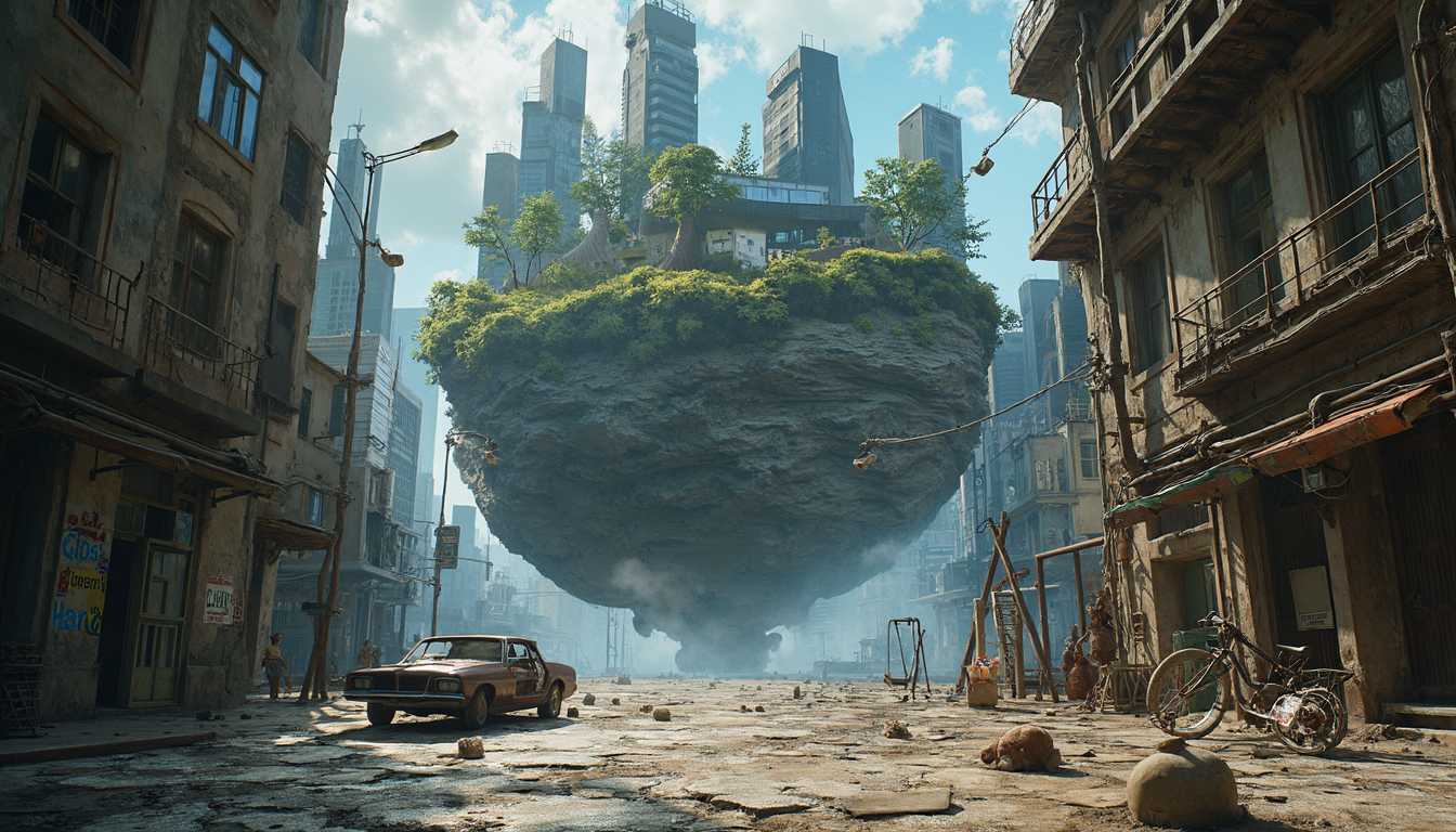  A Large Floating City Fragment

In the center of the image is a massive fragment of Earth, a section of a city block suspended in space. The jagged edges of the chunk expose layers of rock, dirt, and crumbling infrastructure. Skyscrapers rise unevenly from the surface, some cracked and partially collapsed, while others stand hollow and lifeless, their windows shattered. One of the taller buildings has its top half sheared off, exposing office floors within, where desks, chairs, and computers float in zero gravity. Papers drift lazily through the scene, some still flickering with faint light from a desk lamp that remains plugged into a socket.

The ground is broken and uneven, with a city street running through the middle. An overturned car floats above the cracked pavement, its doors wide open and its contents scattered—newspapers, grocery bags, and personal belongings suspended in the air. A nearby streetlamp flickers dimly, casting long shadows across the desolate scene.

Exposed pipes and wiring snake out from the jagged edges of the fragment, some leaking fluids that form shimmering globules drifting slowly into space. The underbelly of the chunk reveals a complex network of industrial tunnels and broken infrastructure, hinting at underground facilities that have long since been abandoned. On one side of the street, a playground remains eerily still. Rusted swings hang mid-sway, and a child’s bicycle floats nearby, its wheels turning slowly in the vacuum. A small teddy bear drifts beside it, adding a tragic element to the scene, suggesting the abruptness with which everything ended.