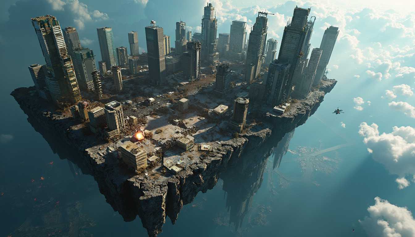 drone shot, wide shot, 4k, hdr, antialiasing, A Large Floating City Fragment,
In the center of the image is a massive fragment of Earth, a section of a city block suspended in space. The jagged edges of the chunk expose layers of rock, dirt, and crumbling infrastructure. Skyscrapers rise unevenly from the surface, some cracked and partially collapsed, while others stand hollow and lifeless, their windows shattered. One of the taller buildings has its top half sheared off, exposing office floors within, where desks, chairs, and computers float in zero gravity. Papers drift lazily through the scene, some still flickering with faint light from a desk lamp that remains plugged into a socket.

