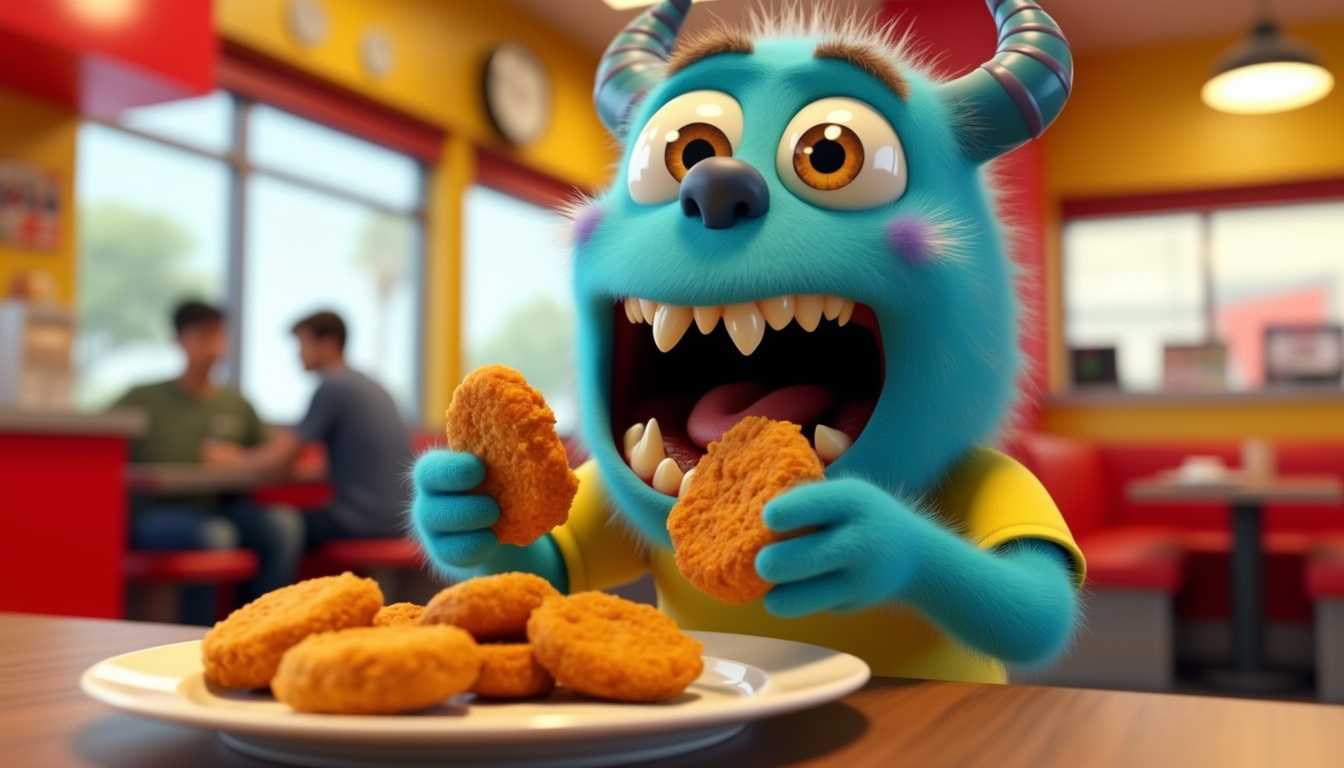 A 3D render of a blue monster with sharp teeth eating several chicken nuggets. The monster has big eyes and wears a yellow shirt. The background is a fast-food restaurant with red and yellow decor. There are more chicken nuggets on a plate beside the monster.