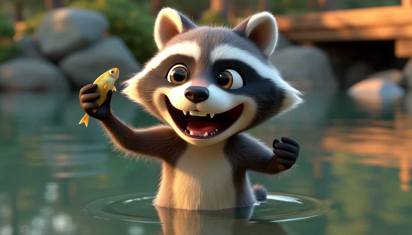 A 3D render of an animated raccoon standing in a body of water, possibly a pond or a lake. The raccoon has a cheerful expression, with its mouth open, revealing its teeth, and its eyes wide open in excitement. It is holding up a small fish with its right paw. The background of the image depicts a serene natural setting with trees, rocks, and a wooden structure, possibly a bridge or a dock, partially visible.