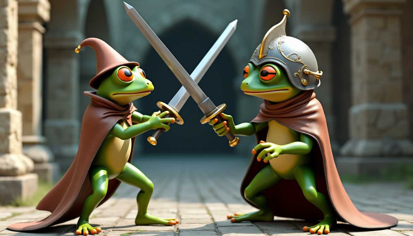 A 3D render of a frog engaged in a swordfight. The frog is wearing a small hat and a cloak. It is fighting another frog, who is wearing a large, ornate helmet and a cloak. The background is a castle with stone walls and arches.