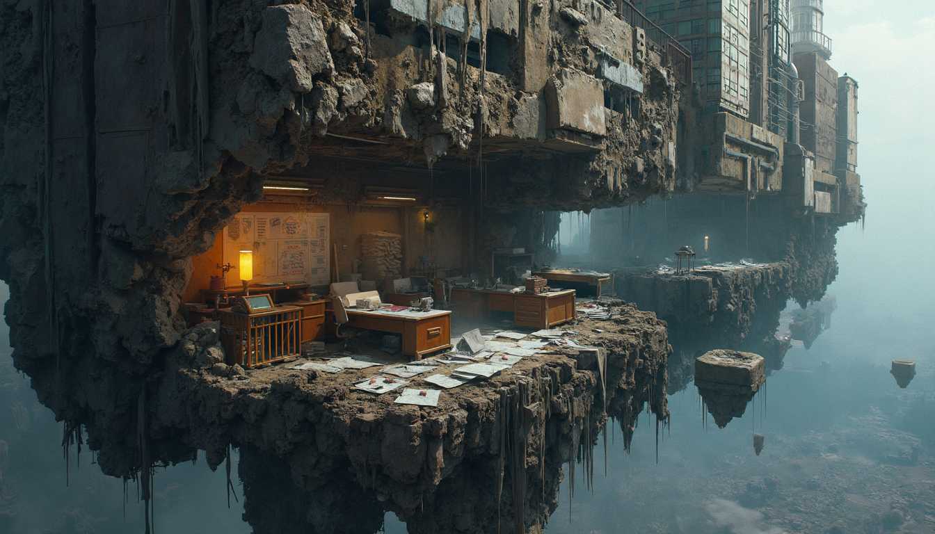 close up shop,shot, 4k, hdr, antialiasing, A Large Floating City Fragment,
 a section of a city block on a huge chunk of eath suspended in space. togeher with smaller chunks of debree all having loosened up and hoovering in space,  The jagged edges of the chunk expose layers of rock, dirt, and crumbling infrastructure. One of the taller buildings has its top half sheared off, exposing office floors within, where desks, chairs, and computers float in zero gravity. Papers drift lazily through the scene, some still flickering with faint light from a desk lamp that remains plugged into a socket.
