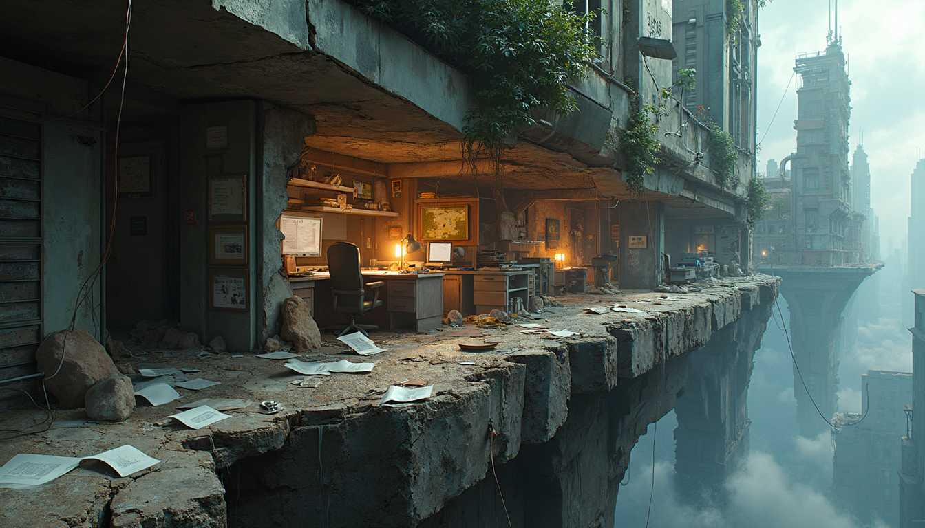 close up shop,shot, 4k, hdr, antialiasing, A Large Floating City Fragment,
 a section of a city block on a huge chunk of eath suspended in space. togeher with smaller chunks of debree all having loosened up and hoovering in space,  The jagged edges of the chunk expose layers of rock, dirt, and crumbling infrastructure. One of the taller buildings has its top half sheared off, exposing office floors within, where desks, chairs, and computers float in zero gravity. Papers drift lazily through the scene, some still flickering with faint light from a desk lamp that remains plugged into a socket.
