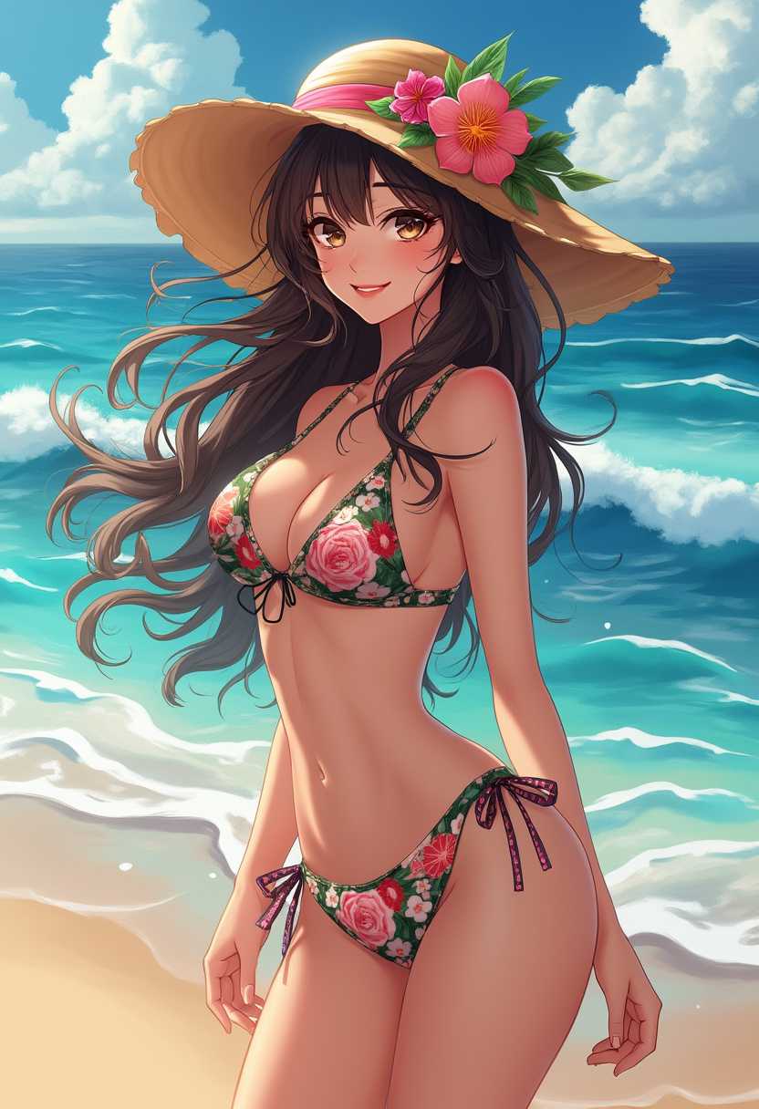 Charming Anime Bikini Girl on a Tropical Beach