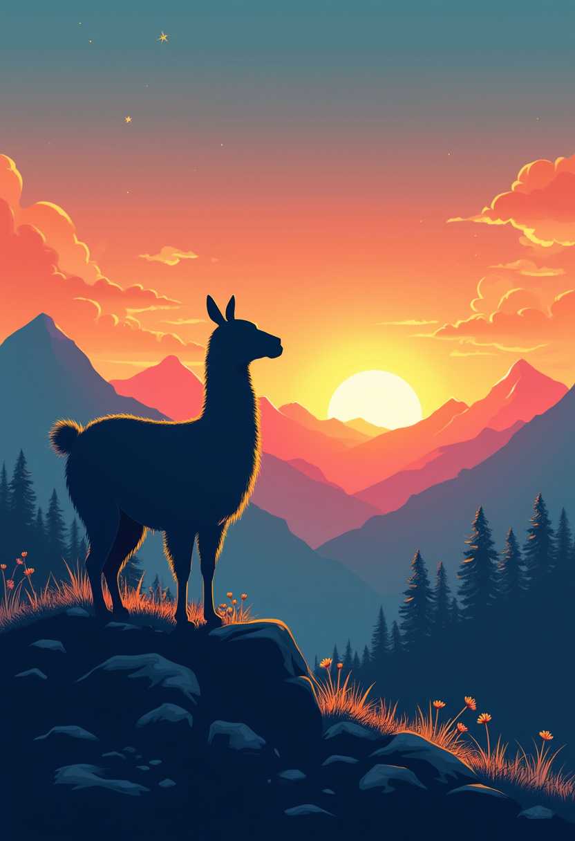 An illustration of a llama silhouette standing on a rocky outcrop at sunset. The llama is facing the setting sun, which casts a warm orange and pink glow on the llama and the distant mountains. The sky transitions from orange to a deep blue, with a few stars visible. The mountains in the background have a few scattered trees, and their peaks are partially hidden by clouds. The ground is covered with green grass and wildflowers.
