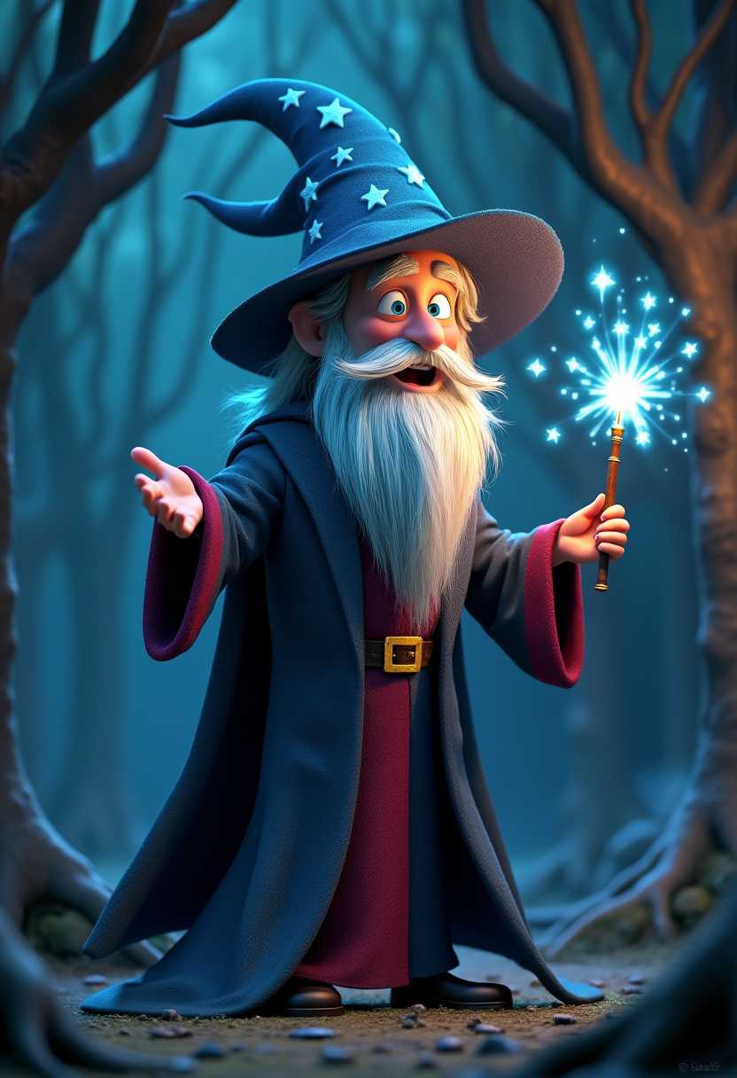 A 3D render of an animated medium shot of a wizard with a long, bushy beard and a pointed hat adorned with stars. The wizard is holding a wand in his hand, from which blue stars are emanating. The wizard is in a dynamic pose, as if casting a spell or magical action. The background is a dark, magical forest with tall, twisted trees.

