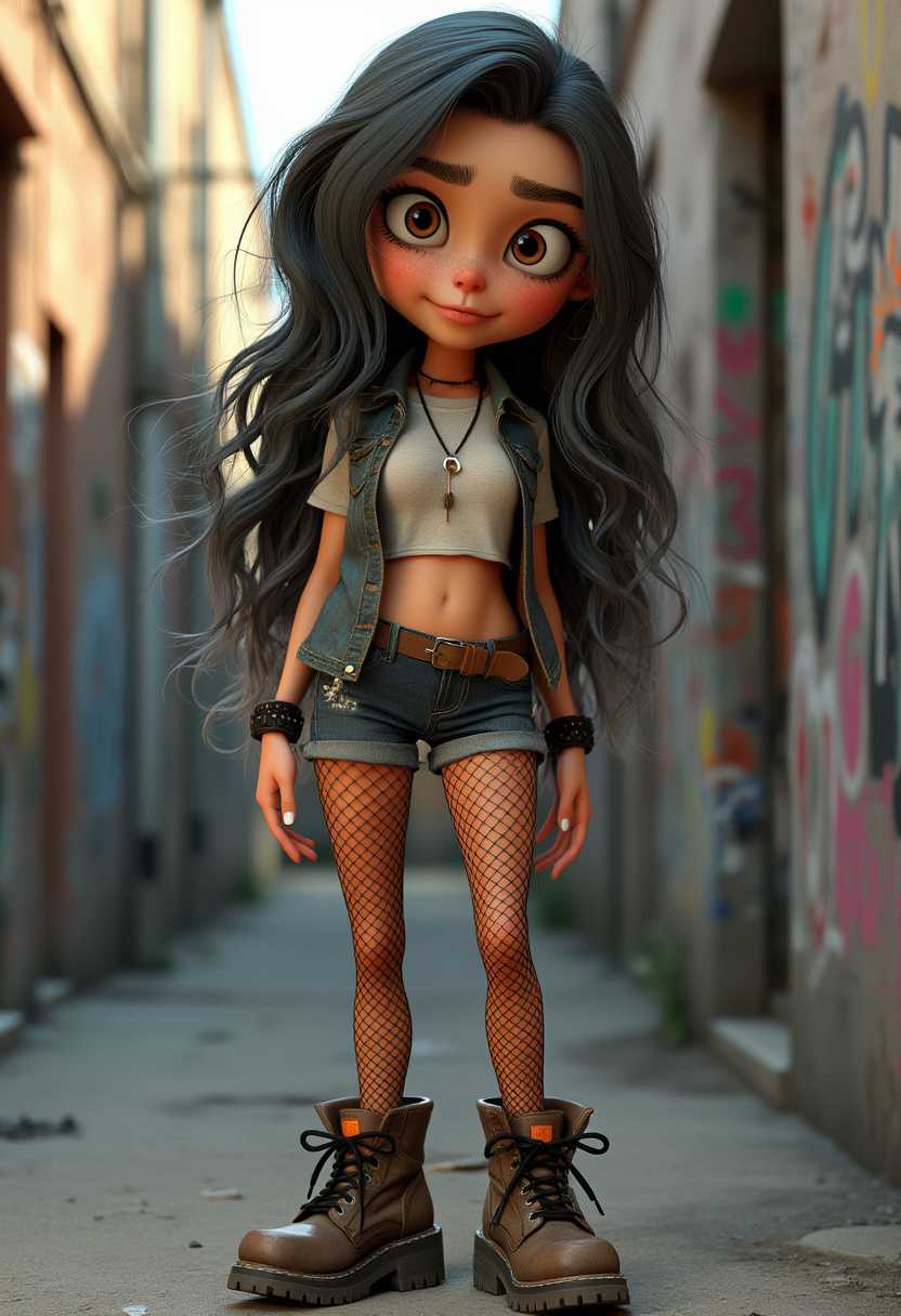 A 3D render of a young female with long, wavy hair, large expressive eyes, and a mischievous grin. She's wearing a crop top, shorts, fishnet stockings, and chunky boots. The background is a grungy urban setting with graffiti-covered walls.