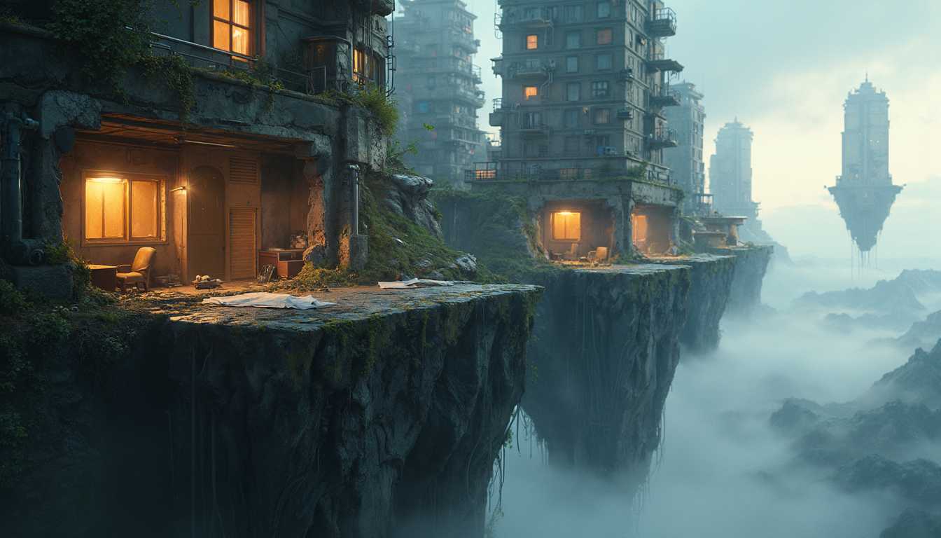 "close up shot", 4k, hdr, antialiasing, A Large Floating City Fragment,
 a section of a city block on a huge chunk of eath suspended in space. togeher with smaller chunks of debree all having loosened up and hoovering in space,  The jagged edges of the chunk expose layers of rock, dirt, and crumbling infrastructure. One of the taller buildings has its top half sheared off, exposing office floors within, where desks, chairs, and computers float in zero gravity. Papers and all kind of house hold asessories, furniture,  float as a debree in zero gravety and drift lazily through the scene, a lamb lamb  still lightning with faint light  it has remains plugged into a socket. 
