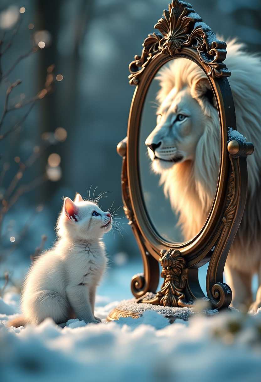 A photo of a small white kitten sitting on a snowy ground. The kitten is gazing up at a large, ornate mirror. The reflection of a majestic white lion with a flowing mane is seen in the mirror. The lion appears to be looking down at the kitten. The backdrop is enchanting with twinkling lights, possibly fireflies, illuminating the snowy surroundings. The mirror is placed on a stand with intricate carvings. The entire setting gives off a magical, dreamlike ambiance., photo, cinematic