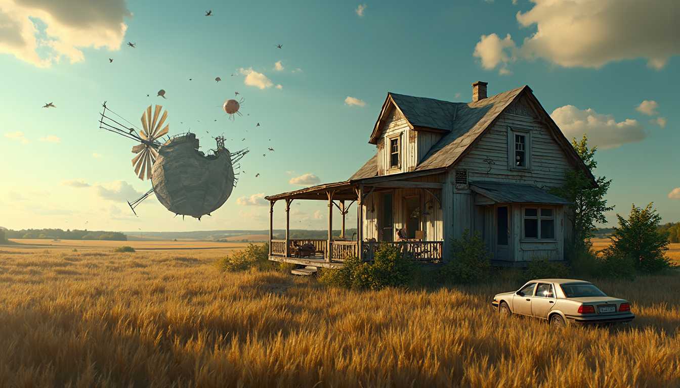 seen from far away drone shot,  fragments of earth floats in space, Other Floating Fragments
In the distance, more chunks of Earth drift, each one carrying its own desolate landscape. A smaller fragment shows a rural farmhouse, its roof collapsed and surrounded by a field of wheat a small veranda with a rocking chair and a guitar on the poarch, a rusty car is standing in front of image, a vegeble garden still alive and lush green growing in the house and out of windows, , now frozen mid-sway. The windmill nearby is broken, its blades scattered and floating. Farm equipment drifts lazily in space, adding to the surreal and haunting atmosphere.

Another fragment contains a row of suburban homes, half-destroyed but eerily intact. One house is split down the middle, with its interior exposed—a dining table still set for dinner, chairs floating away from it. A family portrait hangs crooked on the wall, the smiling faces a ghostly reminder of the lives lost in the destruction.