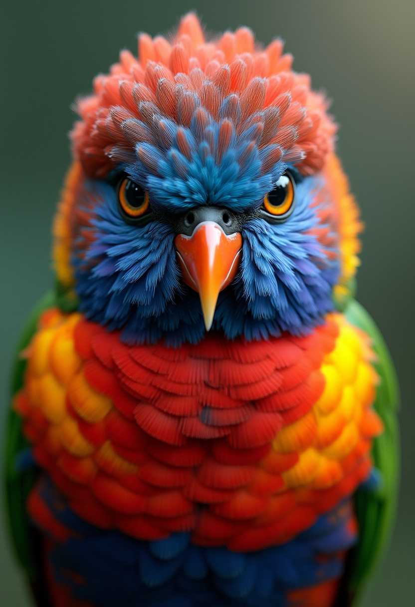 A 3D render of a vibrant and colorful portrait photograph of a bird. The bird has feathers as colorful as a grain of mustard seed and is set against a dramatic cinematic backdrop. The bird's striking eyes and detailed plumage convey an intense expression. The poster-worthy image captures the essence of wildlife photography, with a focus on the bird's unique beauty amidst its natural environment.
