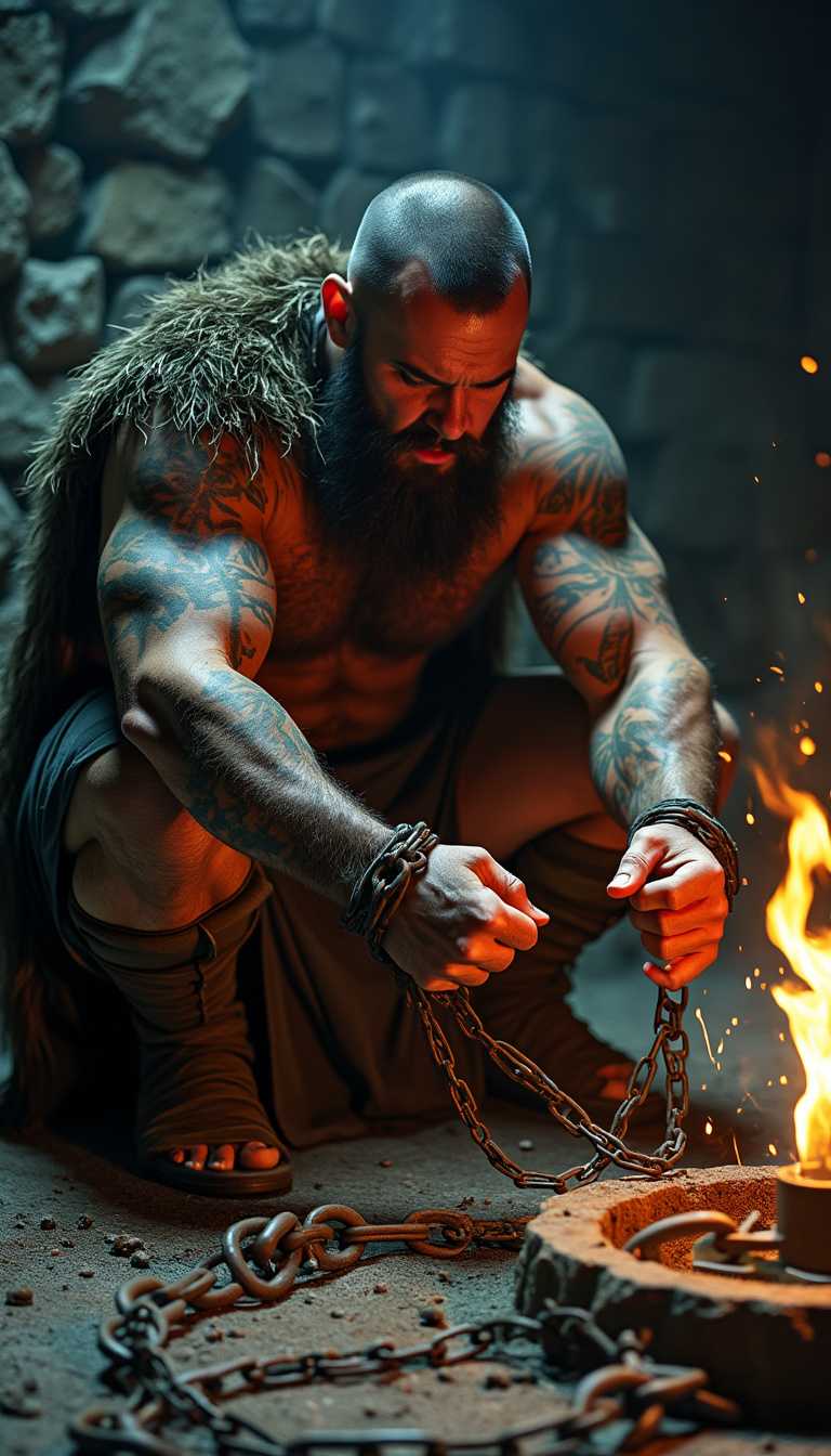"A dark, menacing dungeon cell with cold, stone walls covered in dirt and grime. A Tattooed Viking prisoner, ragged and malnourished, is struggling to break free from his magical rusted iron chains that bind his wrists. His muscles strain, and sparks fly where the chains meet the iron shackles. The dim contrasted light from a flickering amber torch casts eerie dynamic shadows, but there is a faint, glowing shimmer and sparks around the wrist chains, suggesting hope amidst the darkness. The scene is gritty, foreboding, and tense, yet with a glimmer of freedom on the horizon."