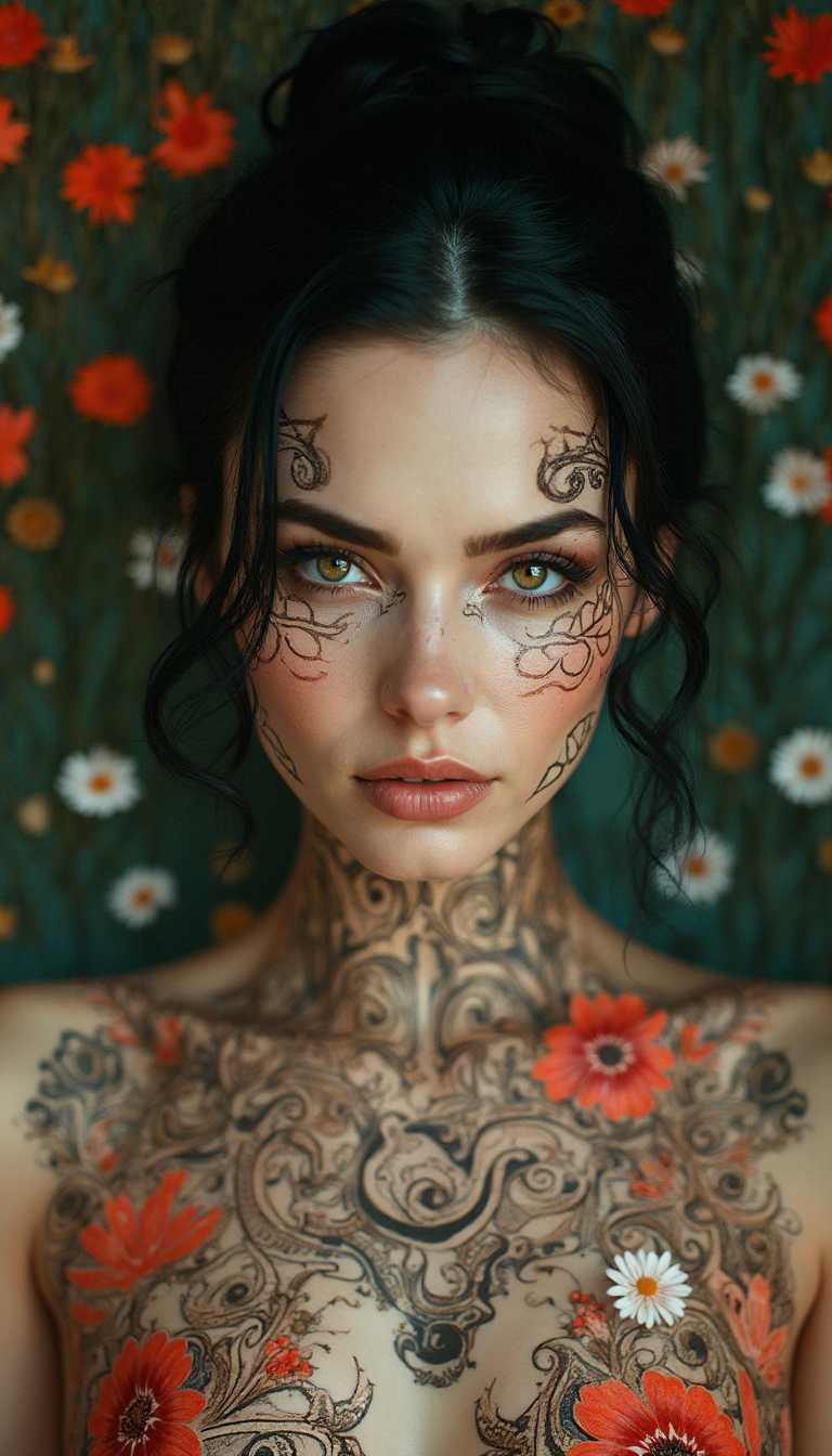 Whimsical and Playful, analog film photo hyperrealistic art The image shows a woman with an unusual artistic design. She has dark hair combed back and fair skin. The face and neck are decorated with complex patterns reminiscent of tattoos or drawings. dramatic background. Her gaze is directed straight ahead, creating an impression of confidence and mystery.<lora:ImageUpgraderV2:1> <lora:FluxDFaeTasticDetails:1> <lora:midjourney_whisper_flux_lora_v01:1> The image shows a pattern consisting of many stylized flowers. The flowers are round in shape with many petals. They are made in various colors: red, white, brown and beige. The flowers are located close to each other, creating a bright and rich pattern. . extremely high-resolution details, photographic, realism pushed to extreme, fine texture, incredibly lifelike, faded film, desaturated, 35mm photo, grainy, vignette, vintage, Kodachrome, Lomography, stained, highly detailed, found footage, imaginative, fantastical, bight colors, stylized, happy, Whimsical and Playful
