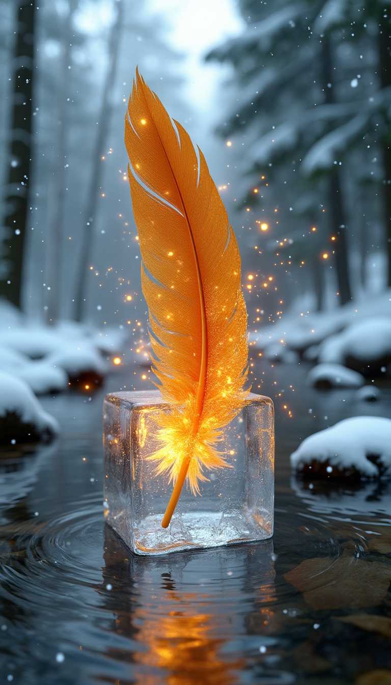 A hyper-realistic portrait, photorealistic photo close-up image of A shimmering, golden phoenix feather encased in a block of ice, floating gently down a slow-moving river in the heart of a dense, snow-covered forest. The feather, glowing with a warm, internal light, radiates tiny sparks of energy that crackle against the ice, sending ripples through the water. The block of ice, perfectly transparent, reflects the surrounding trees and the pale, wintry sky above, creating a surreal image of warmth and cold coexisting. The river flows steadily, carrying the feather along its winding path, while snowflakes drift lazily down, adding a layer of stillness to the scene. The forest, silent and pristine, seems untouched by time, with the only movement being the gentle flow of water and the featheras subtle glow. The contrast between the vibrant, fiery feather and the cold, crystalline ice encapsulates a moment of balance, where opposing forces meet in harmony. Itas a serene yet powerful image of natureas contrasts, captured in a single, magical moment. (photography, high-resolution, dynamic, energetic,hyper-realistic, dramatic lighting, shallow depth of field.), detailmaximizer, MythP0rt