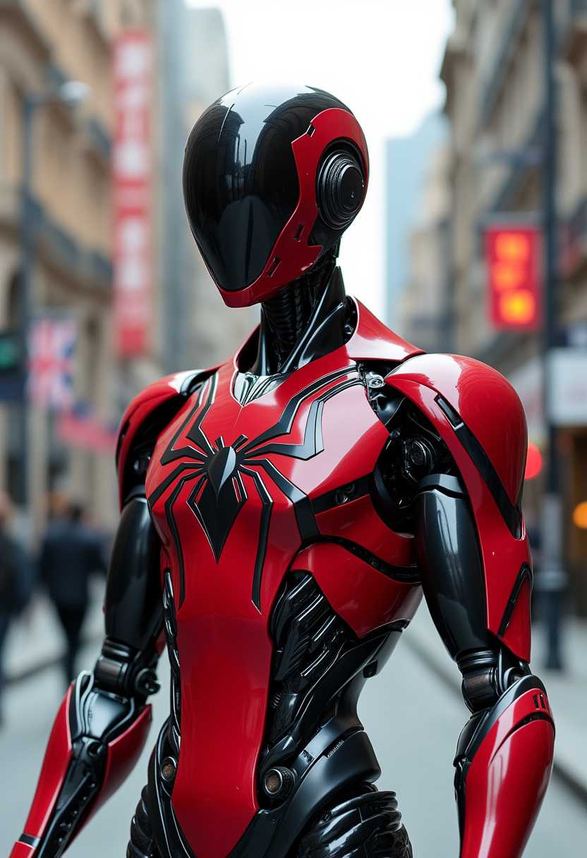 A photo of a highly detailed, realistic, futuristic robotic Spider-Man standing in an urban setting. The robot has a sleek, glossy red and black exterior with intricate mechanical components visible at the joints and torso. The design includes a prominent spider emblem on the chest, reminiscent of a superhero theme. The head is smooth and helmet-like, with a black visor covering the face, giving it a streamlined and advanced appearance. The background shows a blurred city street with buildings and pedestrians, emphasizing the robot as the focal point. The overall aesthetic is modern and high-tech, with a strong emphasis on the robot's sophisticated design and craftsmanship.