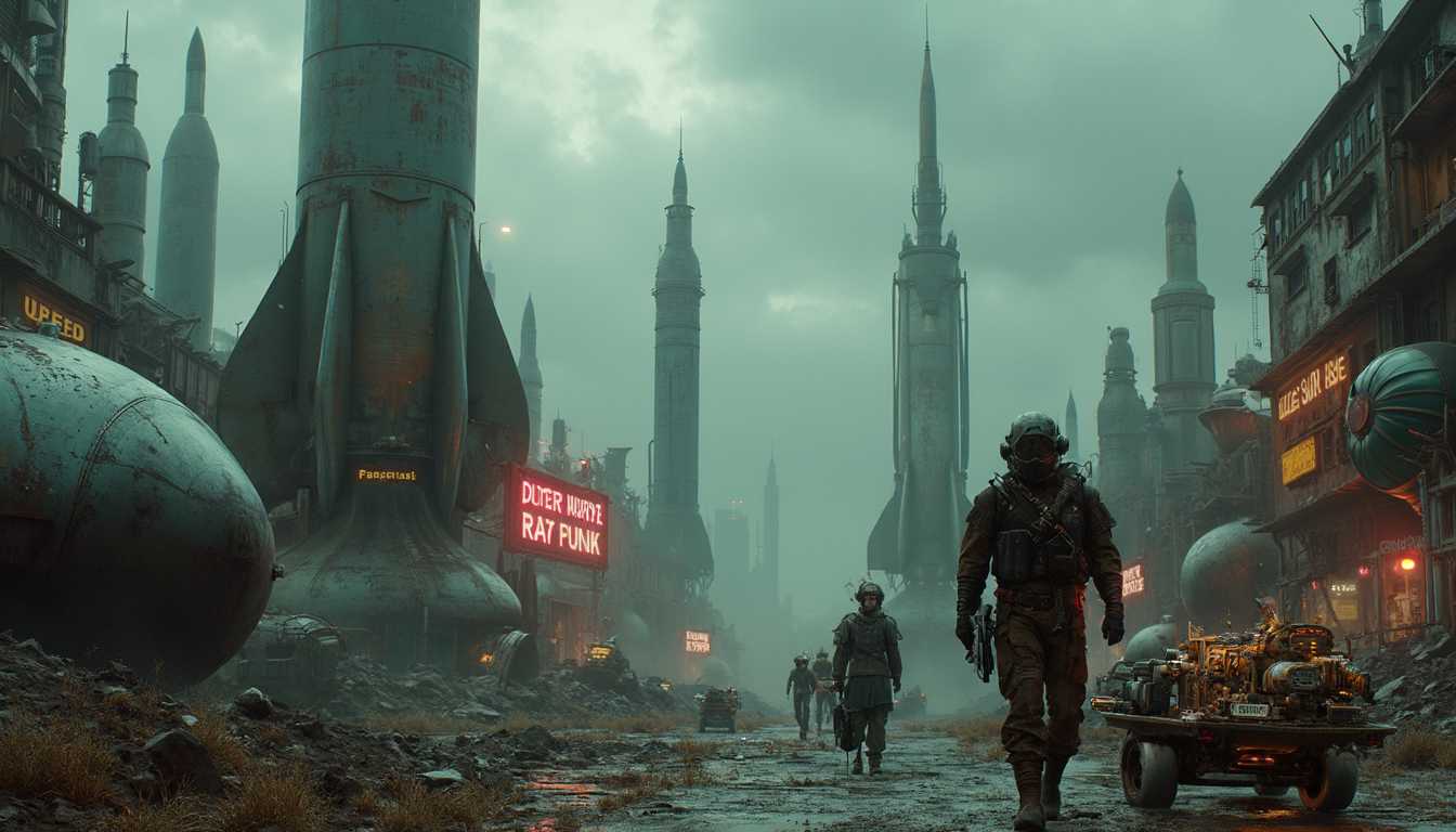 Prompt:
neon signs that reads "Neuro Niche Ray Punk City". A gritty, dystopian Raypunk scene inspired by the Panasonic Vision 1950 style, blending retro-futurism with worn, rusted aesthetics. The image depicts a desolate alien landscape beneath a dark, cloud-choked sky. Towering, once-sleek rocket ships stand decayed and rusting, their metallic surfaces scarred by time. Some lie toppled, their fins buried in the dirt, while others lean precariously over crumbling retro-futuristic buildings with rounded domes and broken neon signs that reads "Neuro Niche Ray Punk City".

Amid the rusting wreckage, a few weary survivors are seen navigating the wasteland. Clad in tattered retro-futuristic spacesuits with bulky helmets, their clothing is patched and dirty, and they carry scavenged ray guns slung over their backs. Their expressions are grim, eyes scanning the debris for supplies or dangers. One survivor pulls a makeshift cart filled with old, salvaged tech—broken radios, rusted ray guns, and shattered screens.

In the background, flickering neon signs cast dim light onto the rust-streaked streets that reads : Neuro Niche Digital Dose Ray Punk. while hulking, rusted automatons patrol, barely functional, sparks occasionally sputtering from their joints. The air is thick with decay, and the scene evokes the haunting, bleak tone of STALKER, capturing the remnants of a future that never came to be.