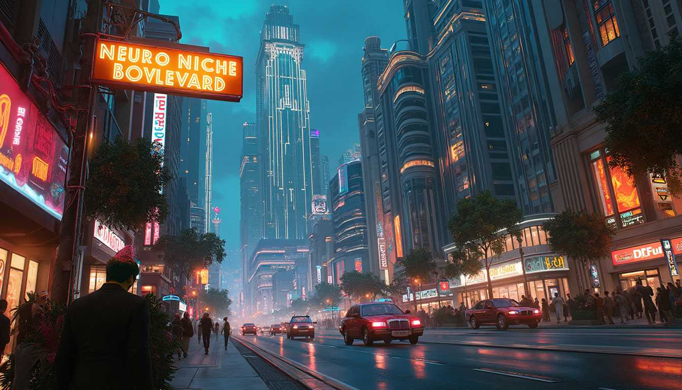 Decopunk aesthetic:
a Street sign that reads Neuro Niche Boulevard.
Prompt: a vibrant cityscape inspired by the Decopunk aesthetic, combining the elegance of the 1920s-1940s with futuristic elements. Skyscrapers adorned with intricate Art Deco designs rise into the sky, their gleaming surfaces reflecting the warm glow of neon lights. Below, streets are filled with stylish flapper-dressed figures mingling with robotic assistants, creating a lively atmosphere reminiscent of a jazz era. a Street sign that reads Neuro Niche Boulevard. Elegant vehicles, blending classic and futuristic styles, glide smoothly along the polished roads. The scene captures a sense of luxury and glamor, with artful details like geometric patterns, metallic finishes, and lush greenery integrated into the urban environment. The sky is a deep twilight blue, adding to the magical, timeless quality of this world.
