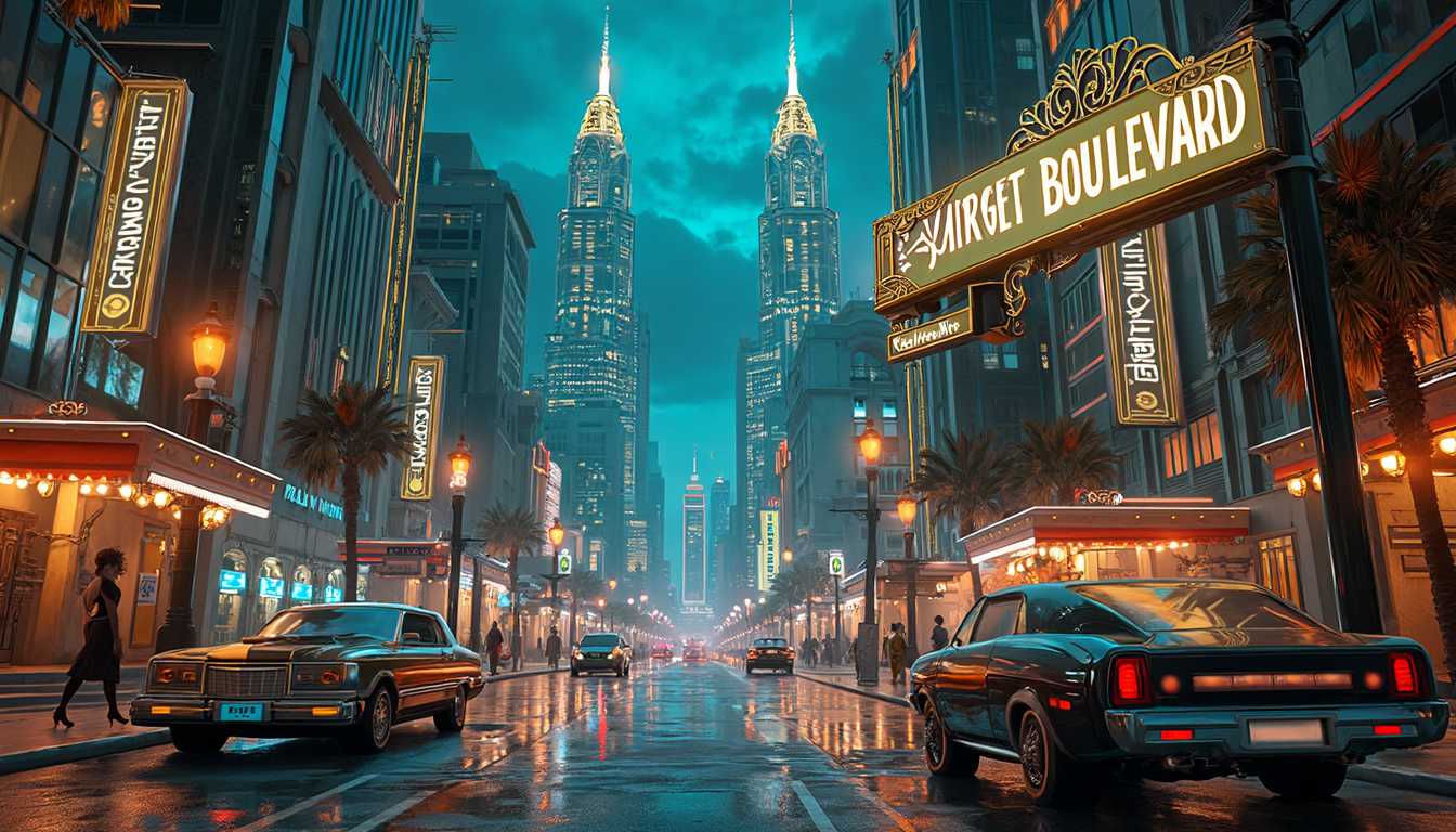 Decopunk aesthetic:
a Street sign that reads Neuro Niche Boulevard.
Prompt: a vibrant cityscape inspired by the Decopunk aesthetic, combining the elegance of the 1920s-1940s with futuristic elements. Skyscrapers adorned with intricate Art Deco designs rise into the sky, their gleaming surfaces reflecting the warm glow of neon lights. Below, streets are filled with stylish flapper-dressed figures mingling with robotic assistants, creating a lively atmosphere reminiscent of a jazz era. a Street sign that reads Neuro Niche Boulevard. Elegant vehicles, blending classic and futuristic styles, glide smoothly along the polished roads. The scene captures a sense of luxury and glamor, with artful details like geometric patterns, metallic finishes, and lush greenery integrated into the urban environment. The sky is a deep twilight blue, adding to the magical, timeless quality of this world.
