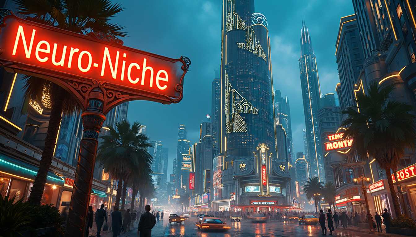 Decopunk aesthetic:
a Street sign that reads Neuro Niche Boulevard.
Prompt: a vibrant cityscape inspired by the Decopunk aesthetic, combining the elegance of the 1920s-1940s with futuristic elements. Skyscrapers adorned with intricate Art Deco designs rise into the sky, their gleaming surfaces reflecting the warm glow of neon lights. Below, streets are filled with stylish flapper-dressed figures mingling with robotic assistants, creating a lively atmosphere reminiscent of a jazz era. a Street sign that reads Neuro Niche Boulevard. Elegant vehicles, blending classic and futuristic styles, glide smoothly along the polished roads. The scene captures a sense of luxury and glamor, with artful details like geometric patterns, metallic finishes, and lush greenery integrated into the urban environment. The sky is a deep twilight blue, adding to the magical, timeless quality of this world.

