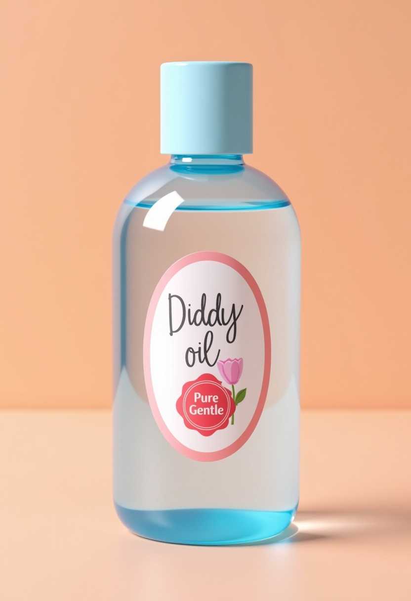 Baby Oil Bottle with Diddy Oil Label and Pink Flower Design, 8 Ounce