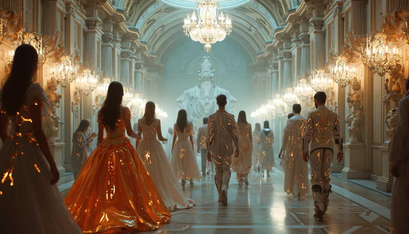  Cyber-Baroque aesthetic:

Prompt: Imagine a grand ballroom filled with people dressed in a stunning fusion of Baroque-inspired fashion and high-tech cybernetic enhancements. Flowing gowns and elaborate suits are adorned with metallic rococo patterns, while glowing digital veins run through the ornate fabrics. The figures have intricate mechanical accessories, such as delicate, gilded prosthetics and cybernetic jewelry that blend seamlessly with their natural forms. Above, holographic chandeliers emit soft, radiant light, their curves mimicking the flourishes of classical Baroque art, but with a futuristic twist—transparent, floating, and constantly shifting.

The walls of the room are lined with elaborate, metallic sculptures in the style of traditional Baroque grandeur, but they pulse with neon lights, shifting hues as data flows through them. People move gracefully across the floor, some with hovering, digitalized instruments playing in the background, creating a harmonious mix of classical symphonies and electronic beats. The scene feels simultaneously opulent and futuristic, blending the grandeur of the Baroque with the sleek, cutting-edge feel of cybernetic technology.