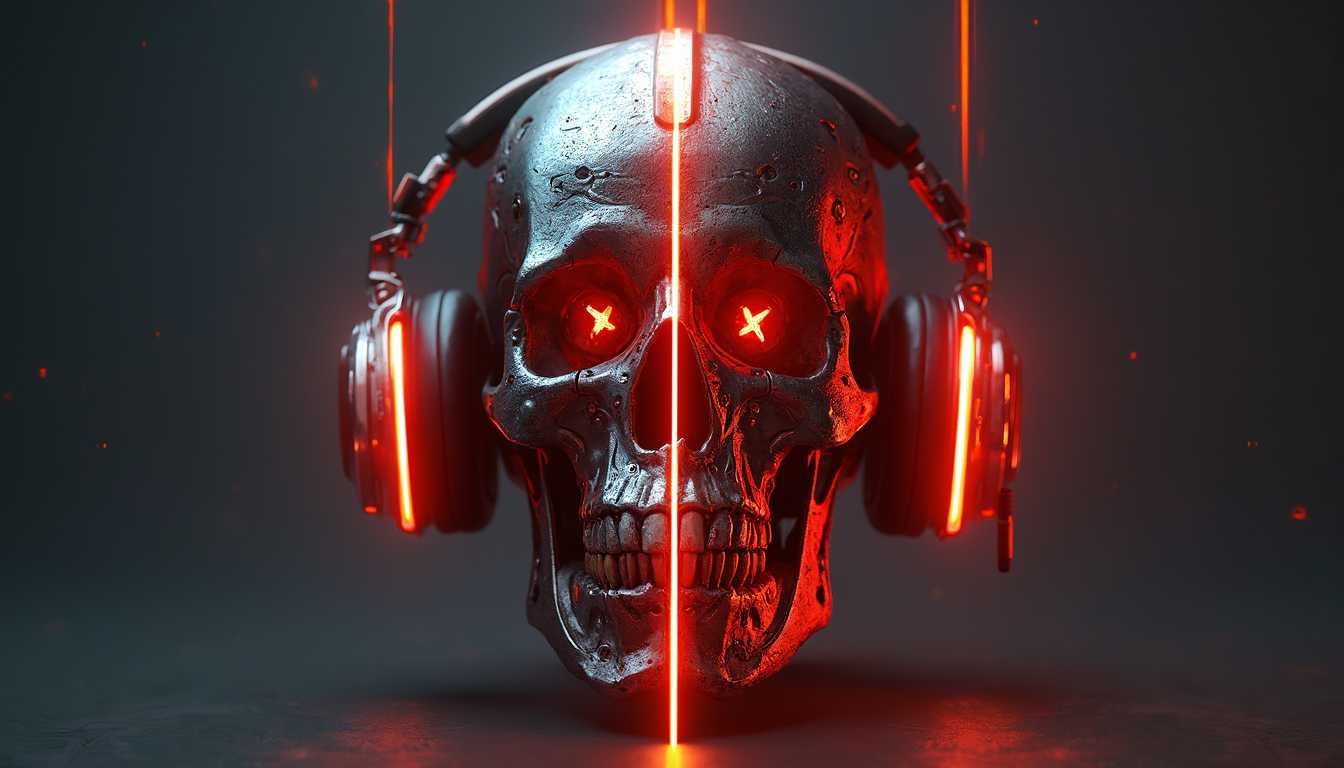 **Title**: Cybernetic Skull with Headphones

**Description**: Create a hyper-realistic 3D-rendered image of a cybernetic skull adorned with sleek over-ear headphones. The skull should intricately blend detailed textures of realistic bone with advanced mechanical components, capturing a seamless fusion of organic and technological elements. The color palette should be predominantly dark, punctuated by vibrant highlights of red and orange to evoke a sense of fiery, dynamic energy.

**Visual Details**:
- The skull's surface should showcase a complex interplay of matte bone texture with glossy, reflective metallic inlays, emphasizing the intertwining of human and machine.
- The eyes should emit an intense, luminescent orange glow, casting subtle highlights onto the surrounding features of the skull.
- A striking, bright vertical laser beam should emerge from the center of the skull’s forehead, creating a focal point that aligns with the color accents throughout.

**Headphones**:
- The headphones should be designed with a modern, aerodynamic aesthetic, featuring smooth lines and a minimalistic structure.
- Glowing red accents should adorn the headphones, visually linking them to the laser beam and adding a cohesive energetic pattern.

**Composition and Atmosphere**:
- The skull should be centered in the frame, slightly tilted to suggest motion