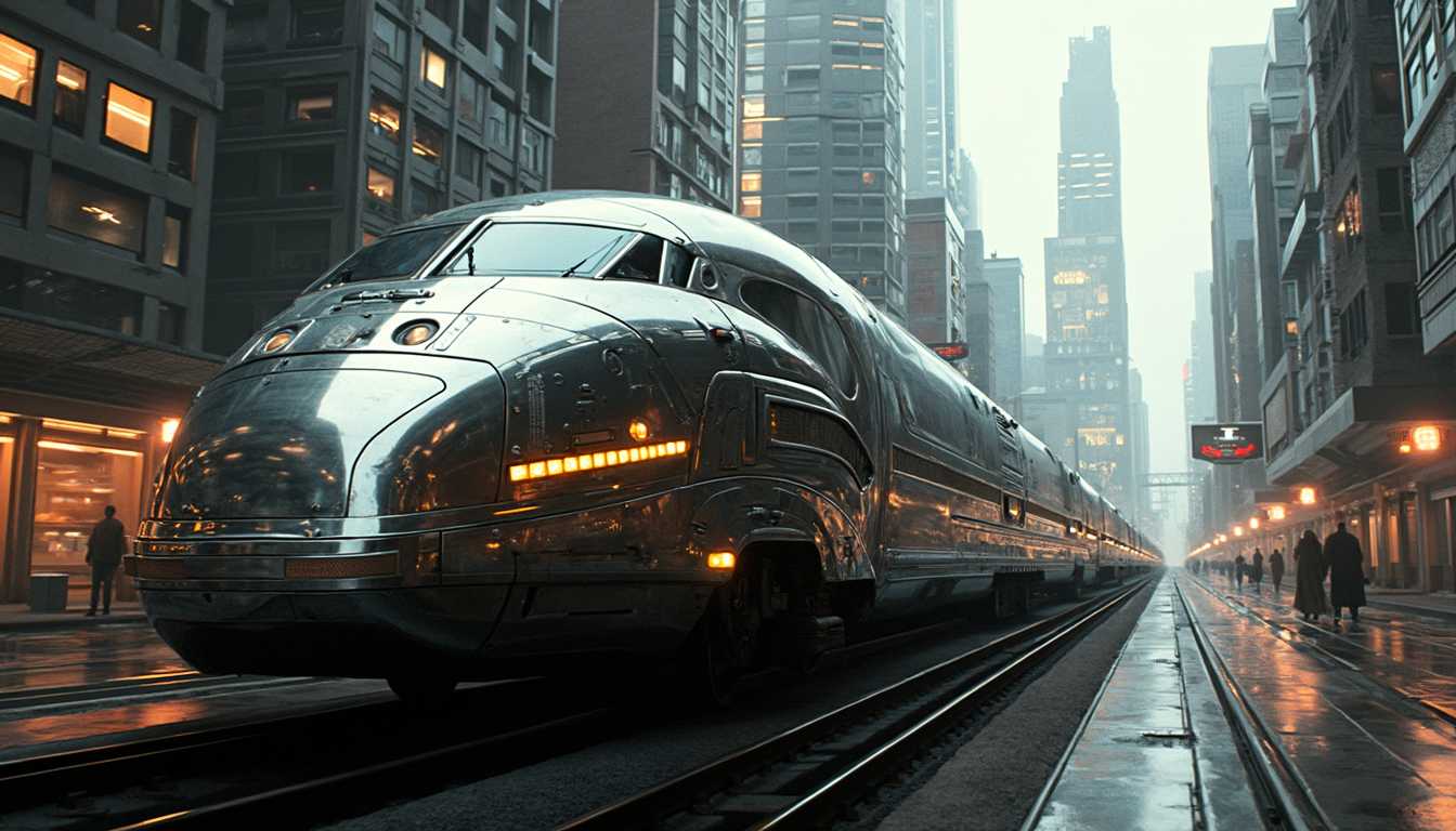 **Futuristic Super Panavision Train Scene in a Bustling Cityscape**

Imagine a mesmerizing, retro-futuristic scene evoking the essence of the panavision era of the 1950s Raypunk aesthetic. A sleek, futuristic train, its metallic, armored hull gleaming with an array of intricately placed lights and cutting-edge technological panels, dominates the foreground. The train's polished exterior reflects the cityscape, exuding a powerful sense of speed and efficiency as it races along tracks parallel to the viewer's perspective.

The scene is set against a backdrop of towering skyscrapers, their sharp angles and sleek designs reaching into an overcast sky. Each building's windows emit a soft, ambient glow, painting the urban landscape in a play of modern light and shadow. The aesthetic draws inspiration from the pulp sci-fi style, reminiscent of Flash Gordon and Barbarella, characterized by its wild, imaginative take on futuristic technology and architecture.

The monochromatic color palette enhances the industrial might and enigmatic atmosphere of the city. The lack of human presence intensifies the focus on the architectural grandeur and mechanical prowess of the scene, allowing the viewer to fully appreciate the harmony of design and technology.

The dynamic perspective, with train tracks guiding the viewer's eye through the urban expanse