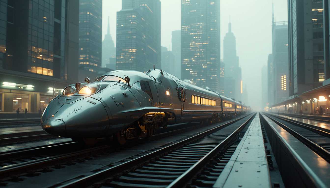 **Futuristic Super Panavision Train Scene in a Bustling Cityscape** 16:9 format, 

Imagine a mesmerizing, retro-futuristic scene evoking the essence of the panavision era of the 1950s Raypunk aesthetic. A sleek, futuristic train, its metallic, armored hull gleaming with an array of intricately placed lights and cutting-edge technological panels, dominates the foreground. The train's polished exterior reflects the cityscape, exuding a powerful sense of speed and efficiency as it races along tracks parallel to the viewer's perspective.

The scene is set against a backdrop of towering skyscrapers, their sharp angles and sleek designs reaching into an overcast sky. Each building's windows emit a soft, ambient glow, painting the urban landscape in a play of modern light and shadow. The aesthetic draws inspiration from the pulp sci-fi style, reminiscent of Flash Gordon and Barbarella, characterized by its wild, imaginative take on futuristic technology and architecture.

The monochromatic color palette enhances the industrial might and enigmatic atmosphere of the city. The lack of human presence intensifies the focus on the architectural grandeur and mechanical prowess of the scene, allowing the viewer to fully appreciate the harmony of design and technology.

The dynamic perspective, with train tracks guiding the viewer's eye through the urban expanse