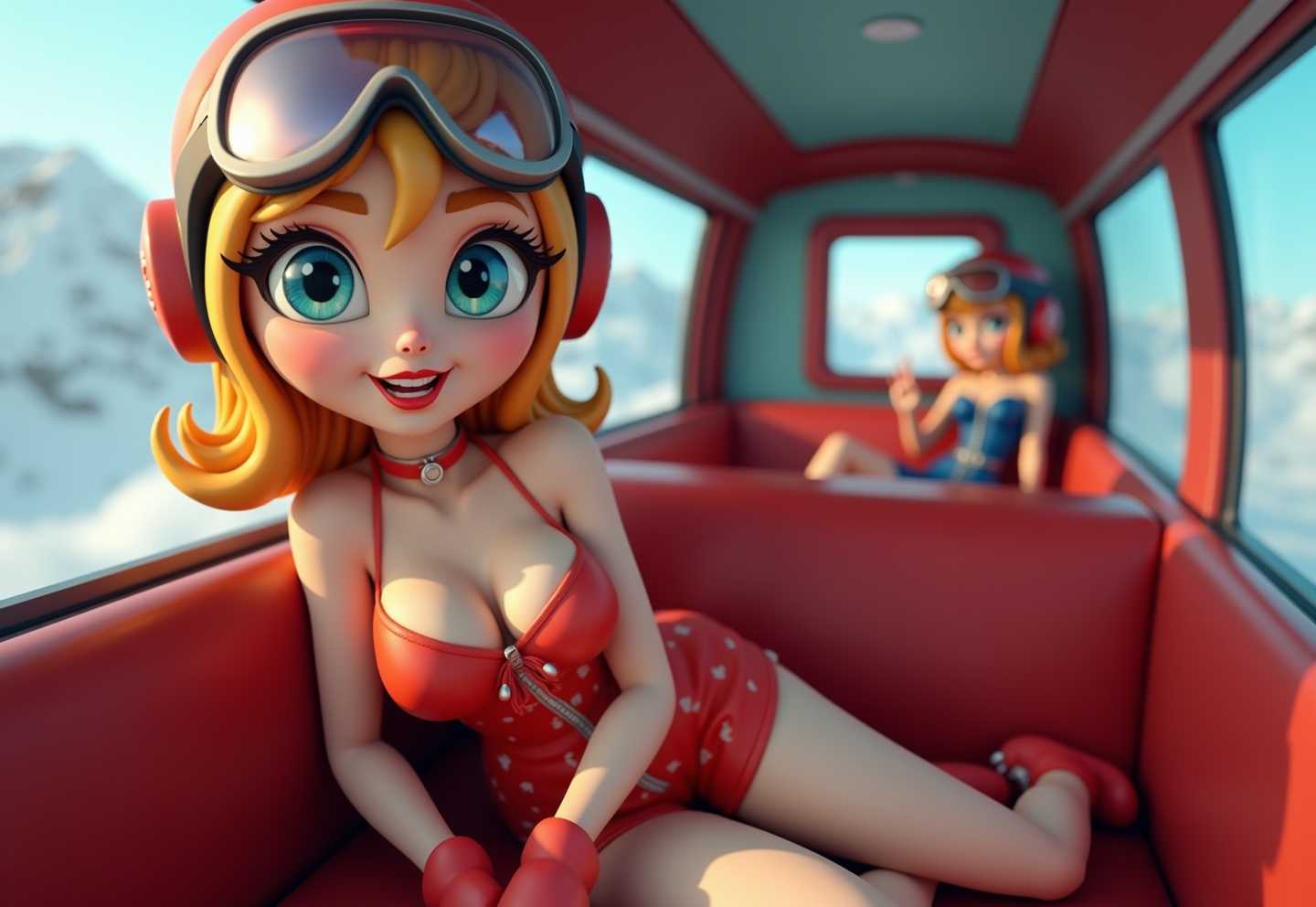 This image is a 3D rendered scene that captures a stylized female figure, looking directly at viewer, in a vibrant and dramatic setting. The art style is reminiscent of a pinup or burlesque aesthetic, with a focus on exaggerated curves and a playful, seductive pose. 3d cartoon girl, large eyes, poses in ski gear inside a swiss cable car