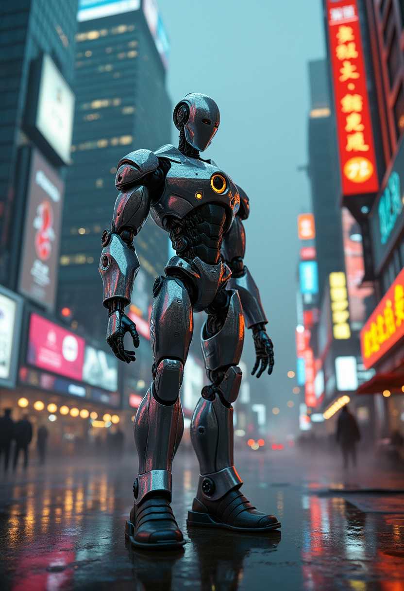 A sleek, futuristic robot standing in the middle of a bustling cyberpunk city street, metallic exterior reflecting neon lights, intricate gears visible through transparent panels, vibrant LED eyes showing curiosity, surrounded by towering skyscrapers adorned with glowing advertisements, atmosphere filled with light rain and steam rising from vents, evening time under a starry sky, moody and energetic ambiance, in a hyper-realistic,
