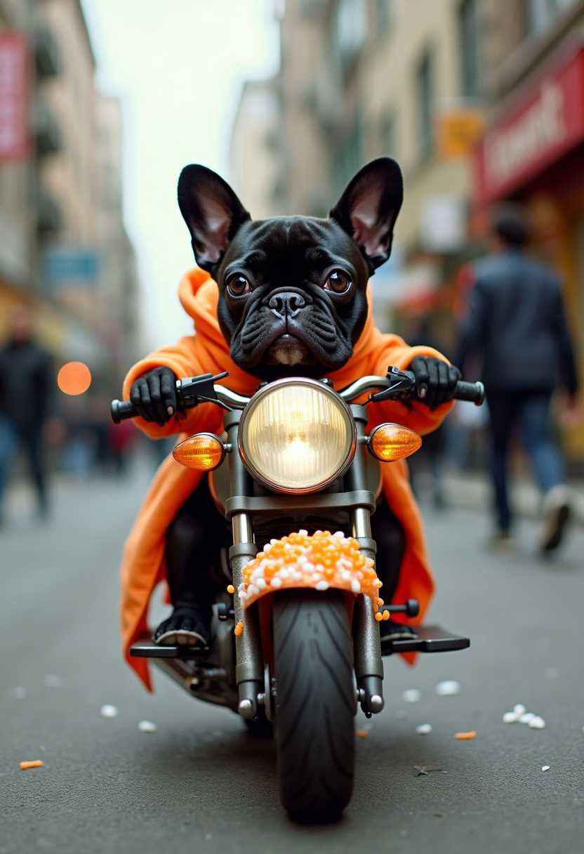 A cinematic keyframe of a tiny, adorable humanoid baby black French Bulldog wearing a costume designed to resemble a piece of sushi. The dog rides a motorcycle modified to look like a sushi roll, complete with orange roe, white rice, and seaweed wrap details. The background shows an urban street scene with buildings and blurred motion of people walking. The photo was likely taken in a busy city area during daytime.