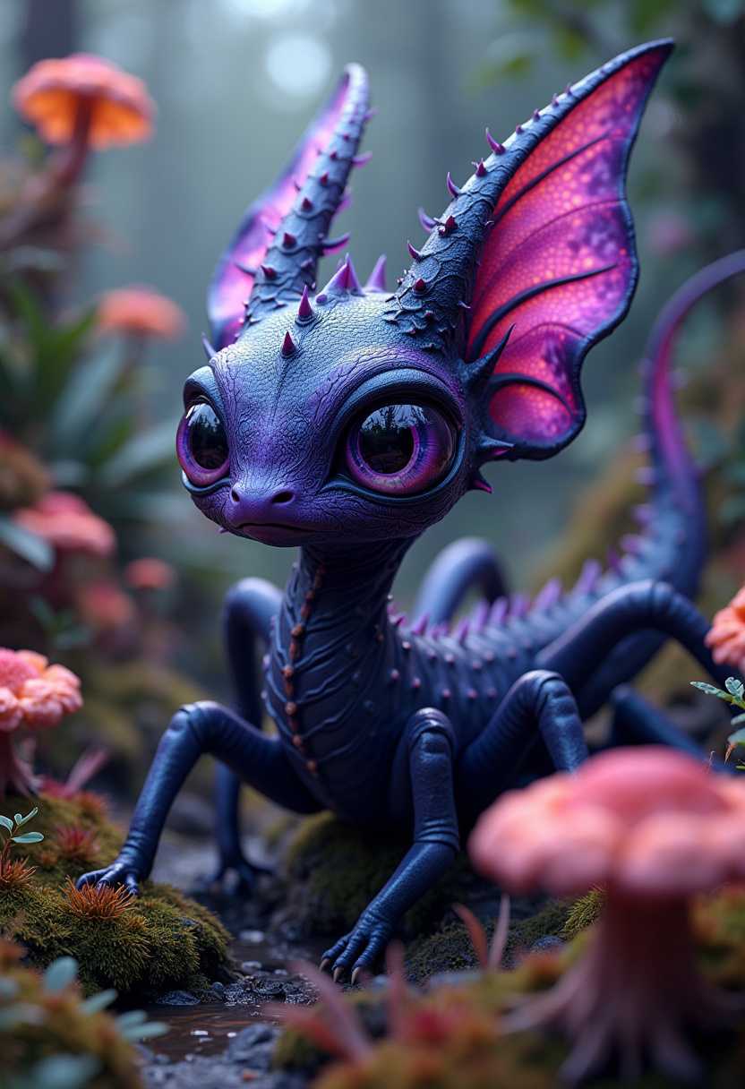 A captivating 3D render of a speculative evolution creature, exhibiting remarkable intelligence and showcasing a serpentine form with multiple limbs. Clad in vivid purple and black hues, this extraordinary being features mesmerizing, large eyes that convey a wide range of emotions. Atop its head, an elegant set of patterned, bioluminescent antennae emit a soft, pulsating light. The creature resides within a dense, lush jungle teeming with diverse flora, including otherworldly plants and peculiar fungi. The scene exudes an enigmatic and breathtaking aura, highlighting the fascinating possibilities of evolutionary progression., 3d render