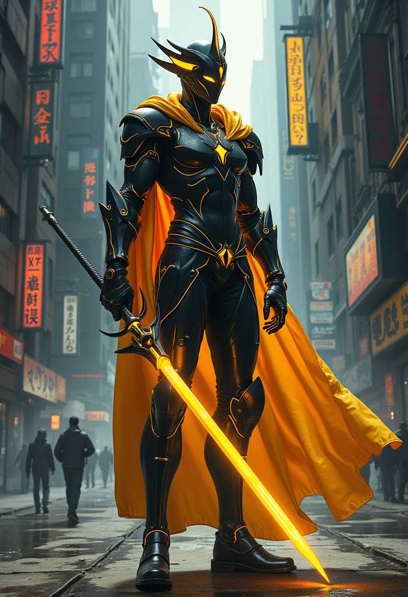A mesmerizing close-up portrait of a futuristic royal lancer, skillfully painted by an artistic genius. The lancer stands tall, holding a gleaming golden-neon lance in a dramatic pose. The background is a blend of dark fantasy and cyberpunk elements, with cityscapes, graffiti, and silhouettes. The overall composition appears to be a high-definition, ultra-realistic illustration or 3D render, featuring vivid colors and smooth transitions. The photograph captures the essence of a cinematic poster or a conceptual art piece, with a touch of anime and architectural influence., 3d render, architecture, photo, ukiyo-e, dark fantasy, cinematic, product, vibrant, typography, graffiti, conceptual art, poster, fashion, anime, painting, wildlife photography, portrait photography, illustration
