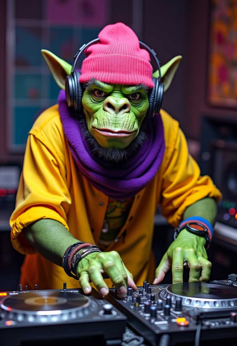 A photo of an orc wearing colorful clothing and standing behind a DJ table. The orc is wearing a bright yellow shirt, a purple scarf, and a pink hat. The orc is holding a pair of headphones and is touching a turntable. The background is a dimly lit room with various music equipment.