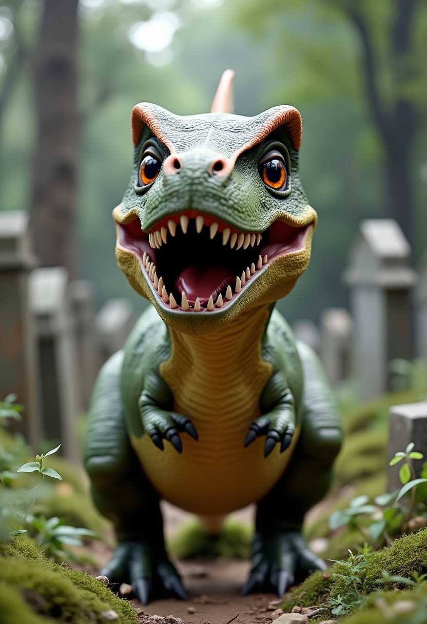 Colorful and Cute A Playful Dinosaur in a Mossy Forest Pathway