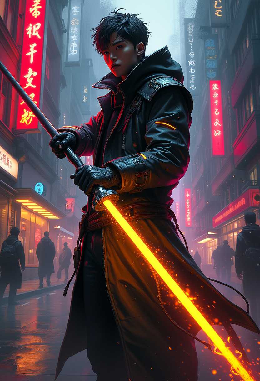 A captivating, high-definition painting featuring a futuristic lancer wielding a sleek, golden-neon lance. The artist masterfully utilizes shadows, sketches, and silhouettes to create a vibrant, cyberpunk-themed world. The close-up shot captures the lancer's intense gaze, facing the camera with a smooth and well-blended image. The painting is alive with sparkling neon lights, breathing energy into the ultra-realistic, detailed scene. The background showcases a mix of dark fantasy, architecture, and graffiti, evoking a sense of wonder and mystery., typography, painting, cinematic, product, anime, photo, vibrant, conceptual art, 3d render, ukiyo-e, poster, graffiti, portrait photography, wildlife photography, fashion, illustration, dark fantasy, architecture