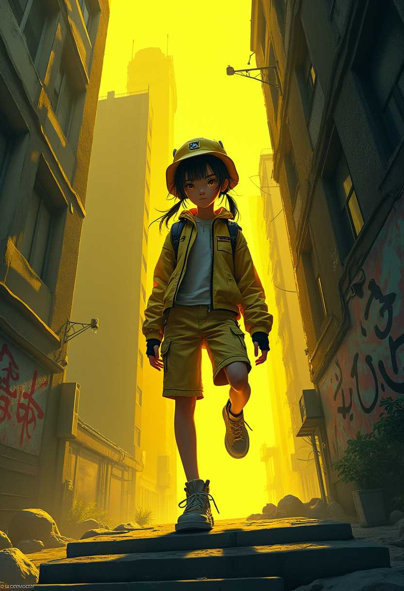 Anime Girl in Yellow Streetwear Amidst a Sunlit Urban Landscape