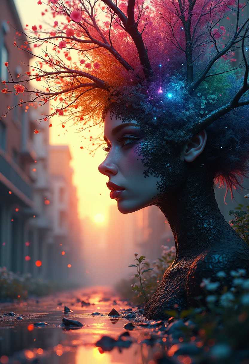 A stunningly realistic close-up shot of a wholly unique and imaginative artwork. The masterful artist has skillfully utilized shadows, sketches, and silhouettes to create a breathtaking scene that appears alive, breathing, and sparkling. The ultra-high-definition quality of the image showcases the artist's smooth blending of colors and details, making the scene feel almost tangible. The artwork is a mesmerizing fusion of various styles, including illustration, 3D render, typography, cinematic, and poster design. It incorporates elements of fashion, product design, anime, architecture, and dark fantasy. The final result is a vibrant and captivating piece that would be at home in a contemporary art gallery, a movie poster, or a fashion magazine., dark fantasy, wildlife photography, typography, painting, cinematic, poster, anime, architecture, graffiti, fashion, vibrant, illustration, photo, 3d render, portrait photography, conceptual art, ukiyo-e, product