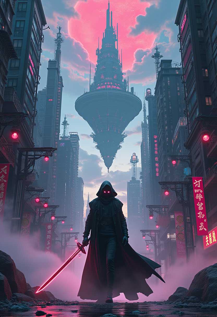 A stunning, hyper-realistic 3D render that seamlessly blends fantasy and science fiction elements. The composition features a futuristic cityscape with towering skyscrapers, intricate architecture, and vivid graffiti. The sky is filled with a surreal combination of floating islands and cosmic phenomena. In the foreground, a mysterious, dark-clad figure stands with glowing eyes and an ethereal aura, while a vibrant, anime-style character wields a sword in a fierce battle stance. The background showcases a surrounding landscape of dark fantasy and vibrant, ukiyo-e-inspired art. The overall effect is cinematic, capturing the essence of a bold, conceptual poster., 3d render, illustration, photo, poster, typography, architecture, fashion, dark fantasy, portrait photography, graffiti, conceptual art, wildlife photography, product, vibrant, cinematic, anime, ukiyo-e, painting