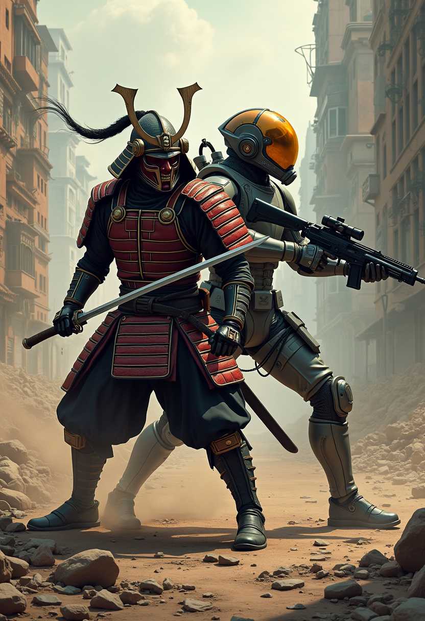 A stylish sci-fi vs fantasy war art piece with a samurai and a space soldier fighting. The samurai is wearing traditional armor and wields a sword. The space soldier is wearing a futuristic suit and holds a gun. The background is a destroyed city with ruined buildings.