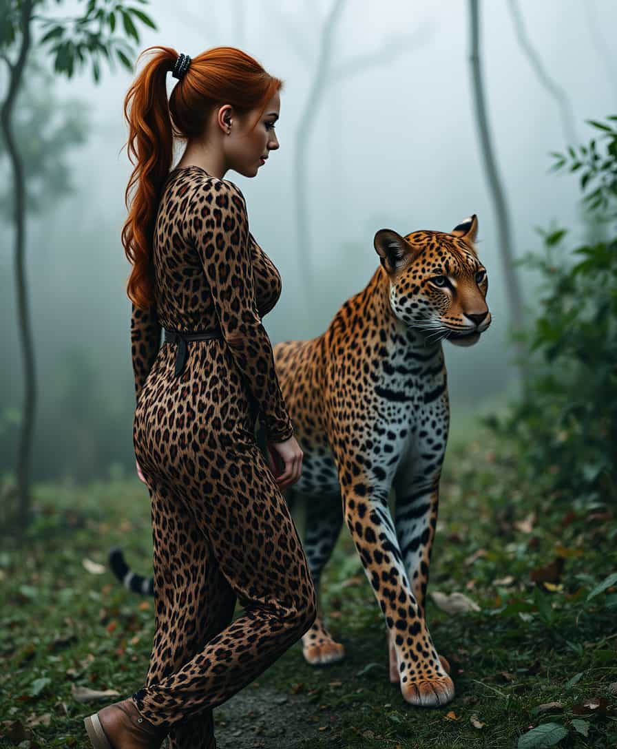 Ruda, i walking in the leopard skin clothes, she looks like an Amazon,Ruda has has red ponytail wrapped with metal bands, she wears leopard skin boots, big leopard is walking by her side, Ruda and leopard are walking side by side through the jungle,  side shot, cinematic