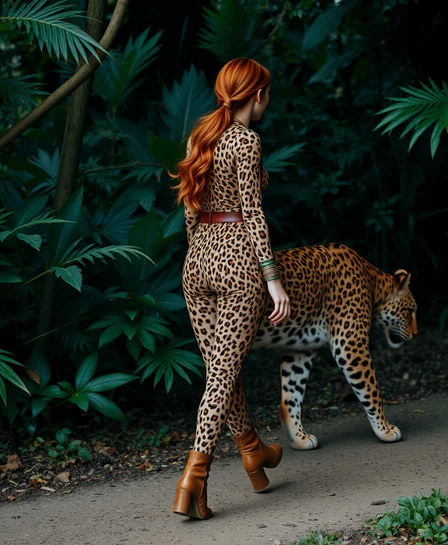 Leopard print fashion meets wildlife in a serene forest setting
