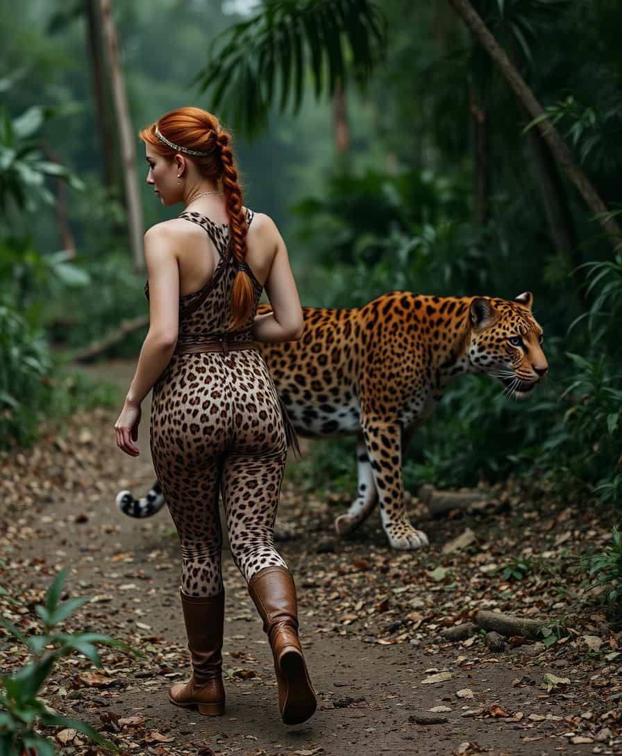 Ruda, i walking in the leopard skin clothes, she looks like an Amazon,Ruda has has red ponytail wrapped with metal bands, she wears leopard skin boots, big leopard is walking by her side, Ruda and leopard are walking side by side through the jungle,  side shot, Both woman and leopard are seen from the side, they are moving the same direction, cinematic, photorealistic